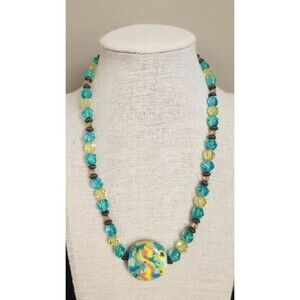 Glass Bead Necklace With Art Glass Pendant~ Sterling Silver~Aqua,Yellow,Pink